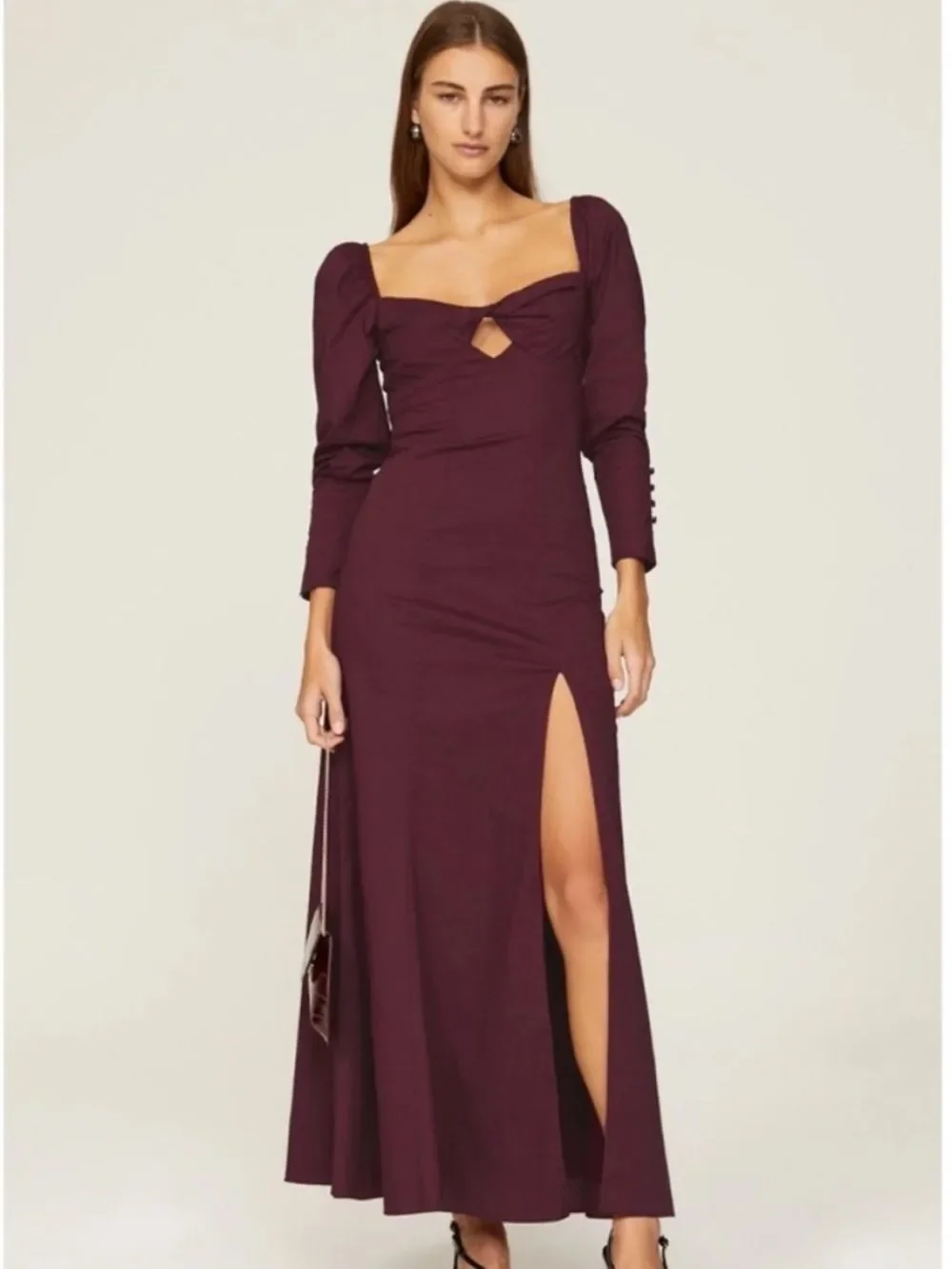 Staud $375 Josephine Long sleeve slit Maxi Dress in burgundy - Picture 1 of 4